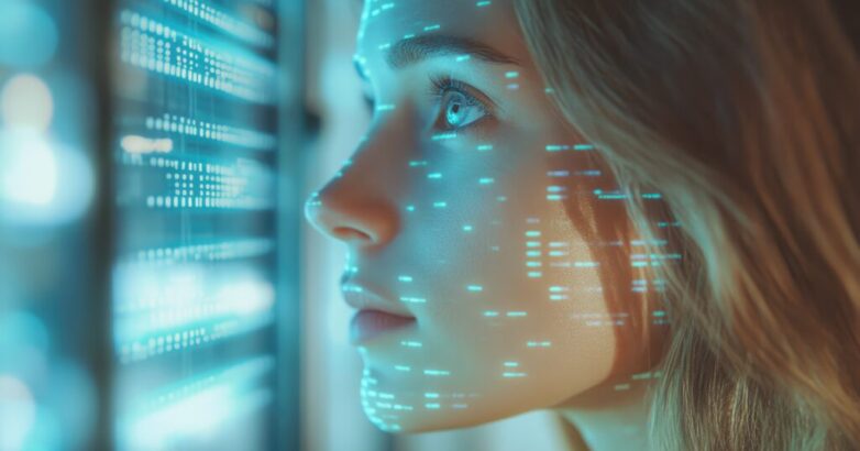 A woman's face is projected with digital data, representing the fusion of technology and humanity.