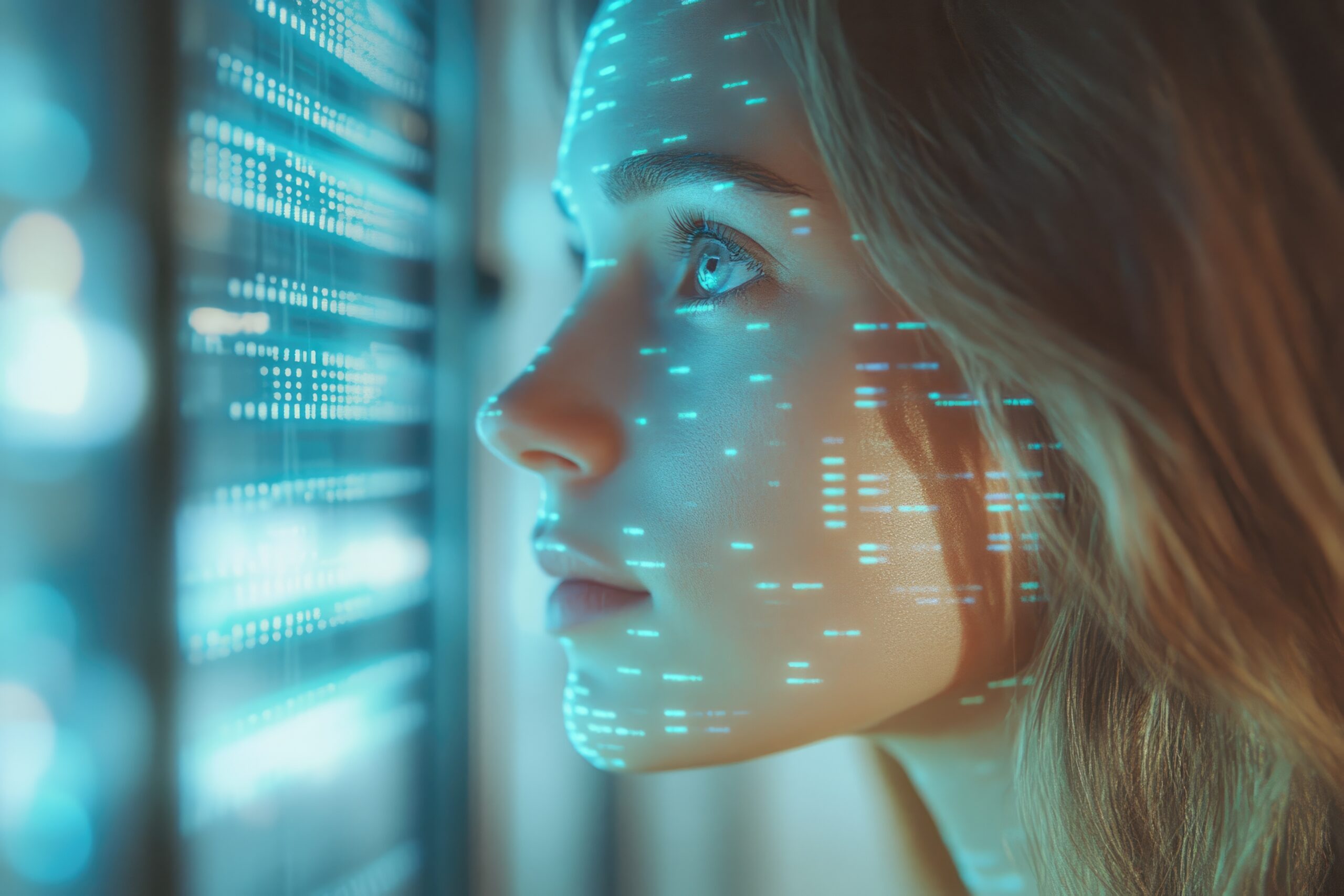 A woman's face is projected with digital data, representing the fusion of technology and humanity.