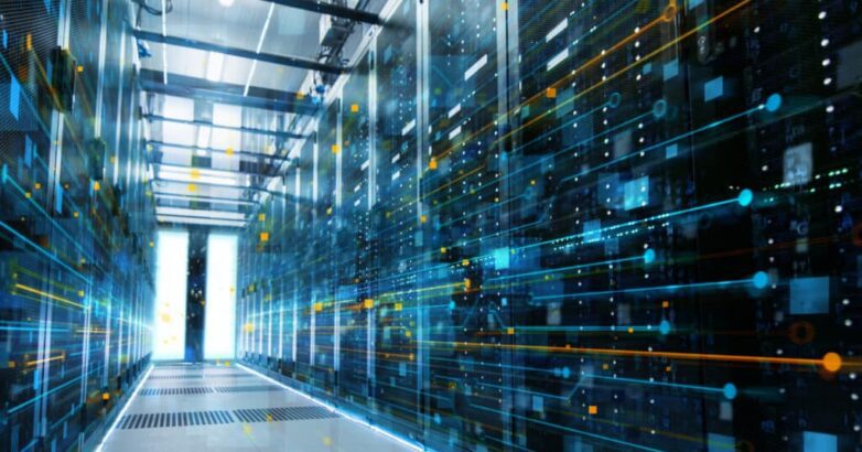 Shot of a Working Data Center With Rows of Rack Servers Connected with Enthernet Connection Visualisation Lines.