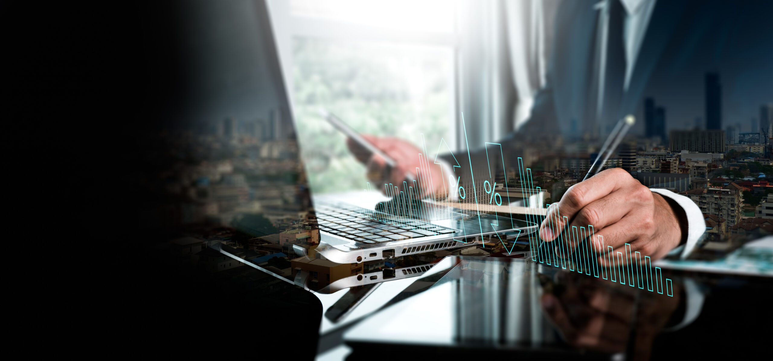 Cost and quality management, corporate strategy, and the idea of project management. A businessperson using a digital tablet to conduct productive business while monitoring quality control growth
