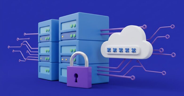Secure cloud computing with data servers, a padlock, and digital network connections symbolizing data protection and IT infrastructure.