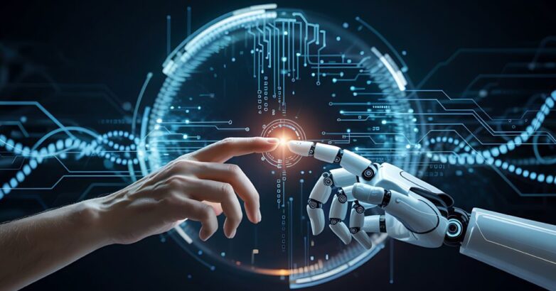 Human And Robot Hand Touching Connection Technology Artificial Intelligence Machine Learning Concept Neural Network Digital Future Futuristic Innovation Synergy Integration