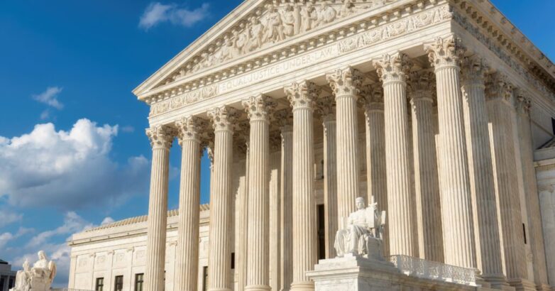 The front facade of the United States Supreme Court in Washington, DC, USA.