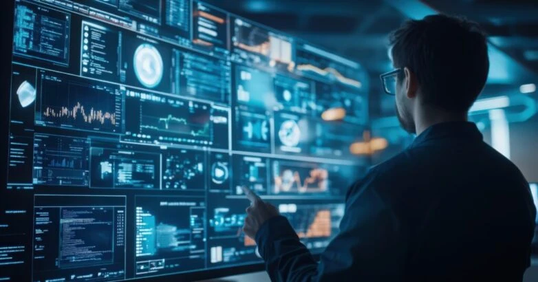 Man interacting with a large monitor displaying graphs and data analysis visualizations