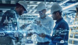 Engineer and architect analyze project under construction with new technology and innovation on digital tablet and network of construction icons on futuristic virtual interface.