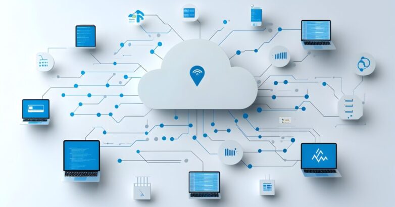 Hosting Network Icon with Two Tone Cloud and Interconnected Server Nodes Representing the infrastructure connectivity and scalability of modern cloud based data management and IT services