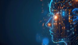 technology concept artificial abstract human side face and glowing brain with chip circuit board elegant blue tone background AI generated