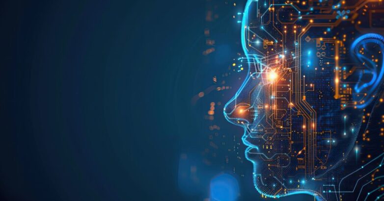 technology concept artificial abstract human side face and glowing brain with chip circuit board elegant blue tone background AI generated