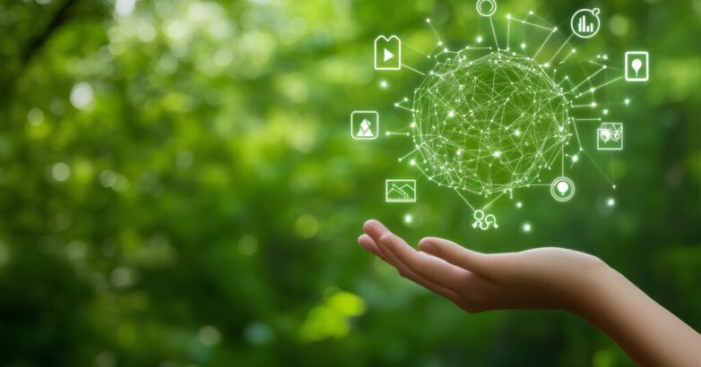 Technology, holding hands with environmental Icons via Network connection on green background