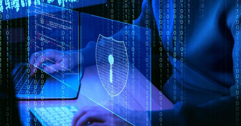 Cyber attack. Hacker working with computers in dark room, closeup. Binary code and virtual screens near him