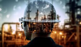 Double exposure of engineer in safety helmet with oil plant. Generative AI