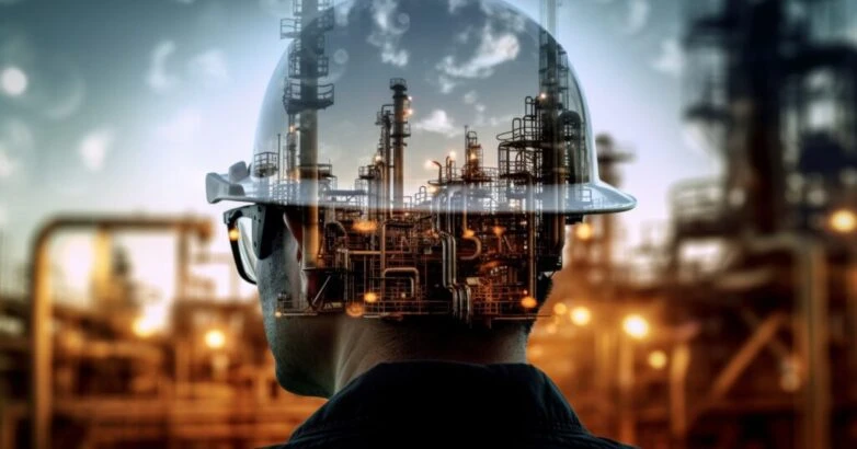 Double exposure of engineer in safety helmet with oil plant. Generative AI
