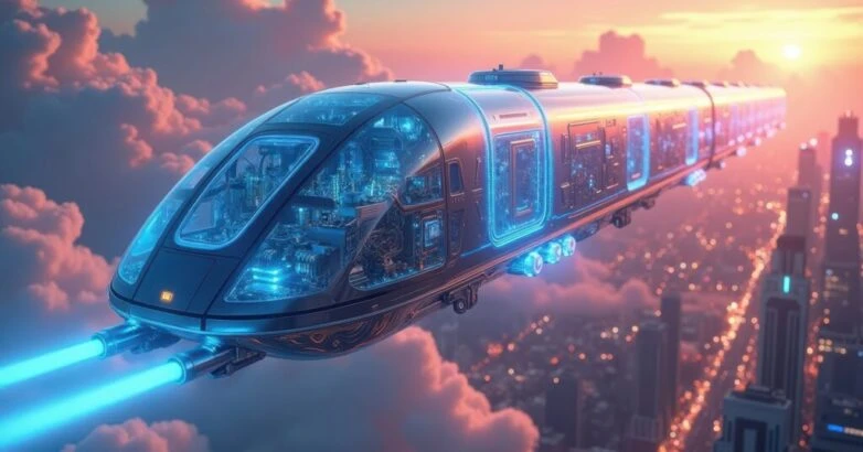 Futuristic train gliding through vibrant clouds above a sprawling neon city at sunset