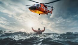 Rescue helicopter rescues a shipwrecked man in a stormy sea, ai generative