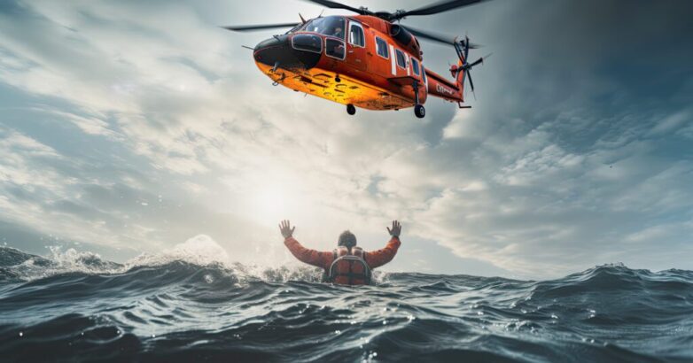 Rescue helicopter rescues a shipwrecked man in a stormy sea, ai generative