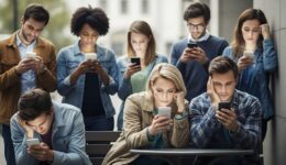 Diverse group engrossed in mobile devices