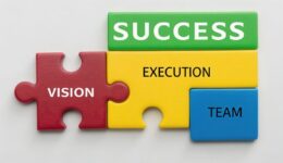 startup success execution competition goals concept. Puzzle pieces representing success, vision, execution, and teamwork.