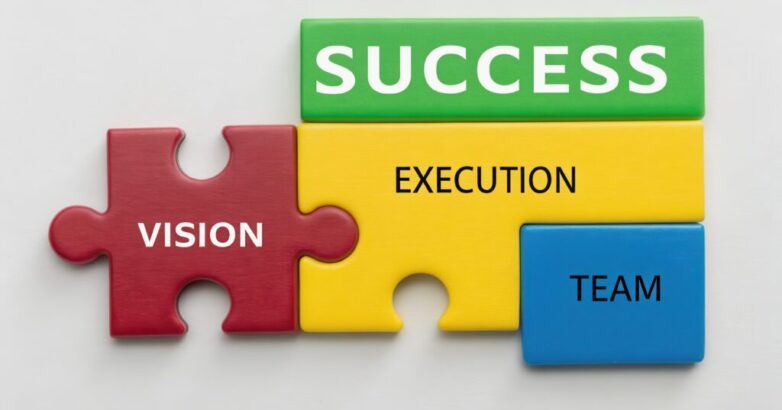 startup success execution competition goals concept. Puzzle pieces representing success, vision, execution, and teamwork.