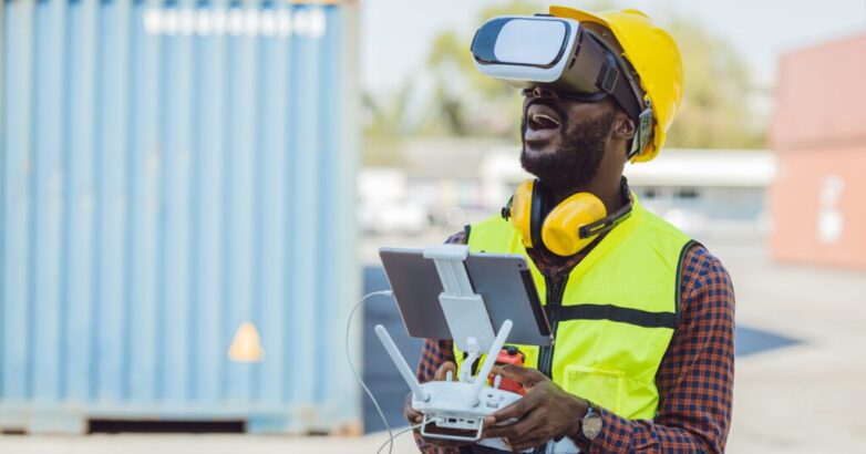 engineer staff worker using modern technology drone and VR headset for working