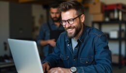 repairman works laptop garage happy smile face