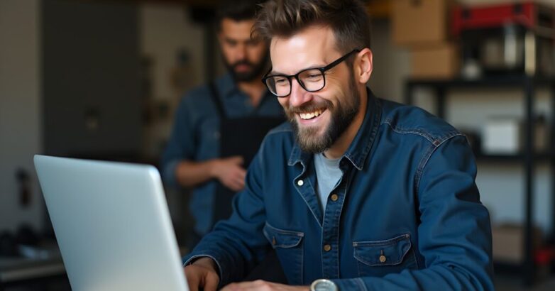 repairman works laptop garage happy smile face