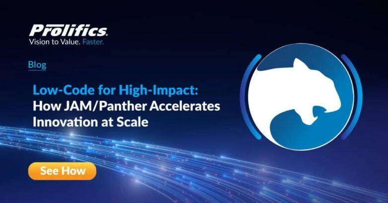 Business professionals collaborating on low-code innovation using the JAMPanther platform for legacy modernization