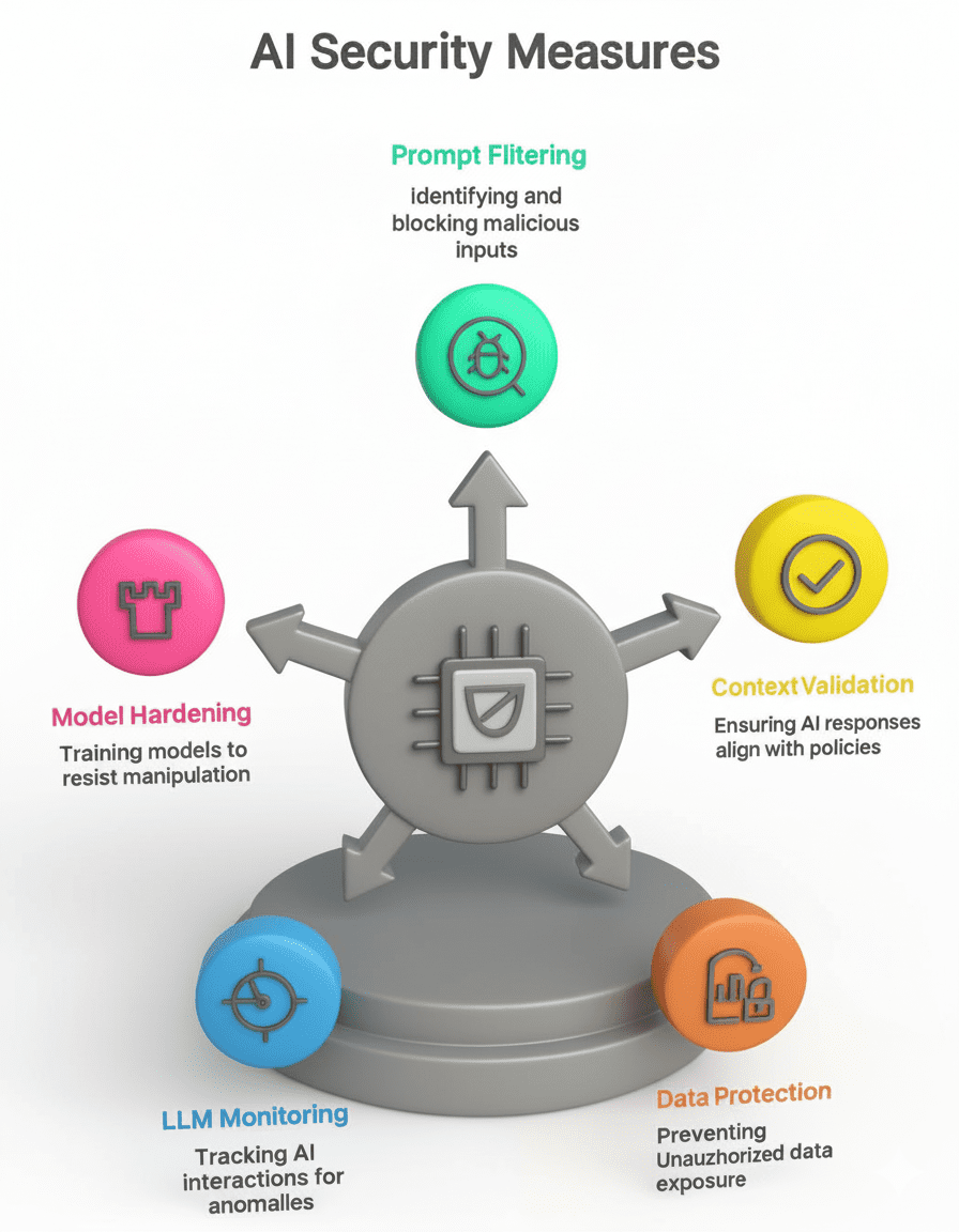 AI Security Measures diagram illustrating LLM Firewall functions like Prompt Filtering, Model Hardening, Context Validation, LLM Monitoring, and Data Protection for generative AI risk management.