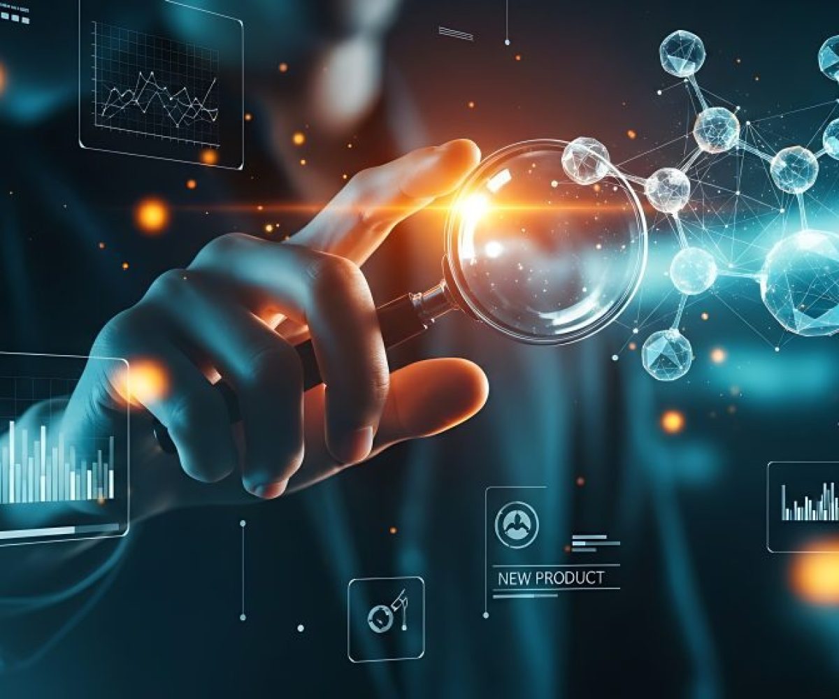 Research and Development (R&D) concept. A hand examines a holographic molecule with a digital magnifying glass, symbolizing scientific discovery.