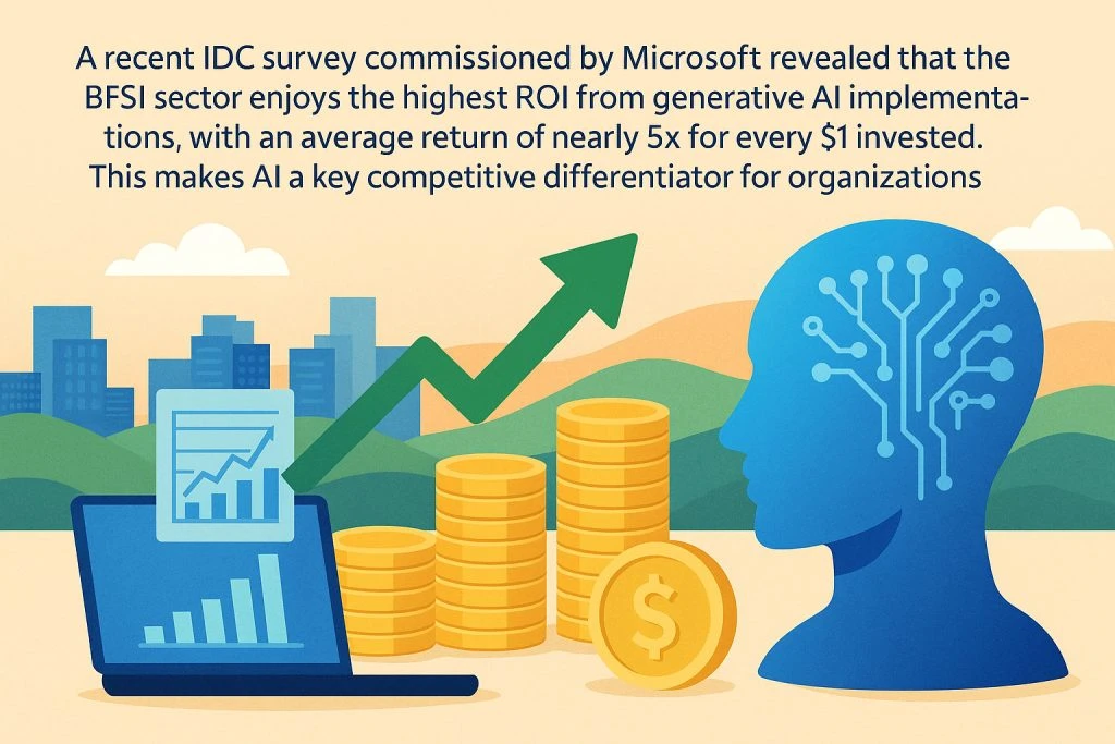 AI-Native Platforms in BFSI with rising ROI, financial growth charts, coins, and an AI-powered human head icon.