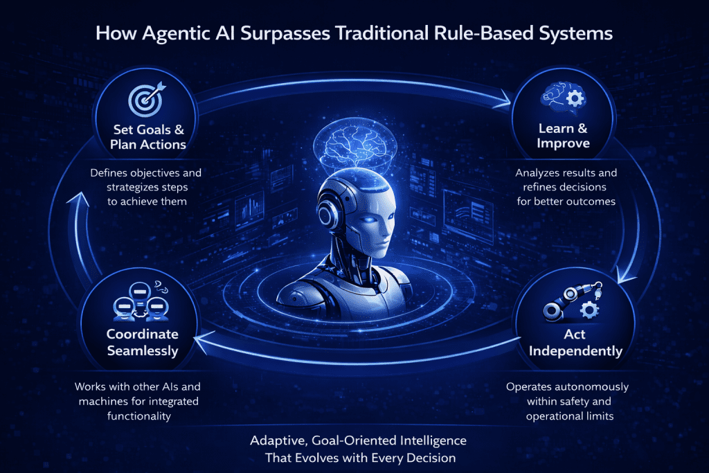 Conceptual illustration of agentic AI in manufacturing surpassing traditional rule-based systems through autonomous decision-making, learning, coordination, and self-optimizing manufacturing systems.