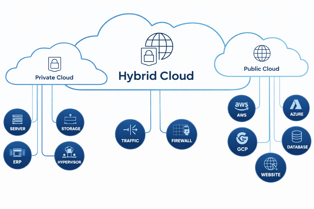 AI in hybrid cloud architecture connecting private cloud, public cloud, and enterprise workloads