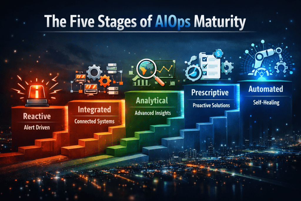AIOps for IT operations maturity model showing five stages—reactive, integrated, analytical, prescriptive, and automated—highlighting the evolution toward predictive and self-healing IT operations.