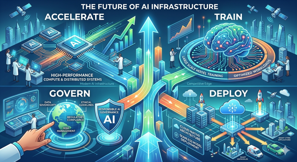 AI Infrastructure Strategy framework showing accelerate, train, govern, and deploy stages for scalable AI systems for business