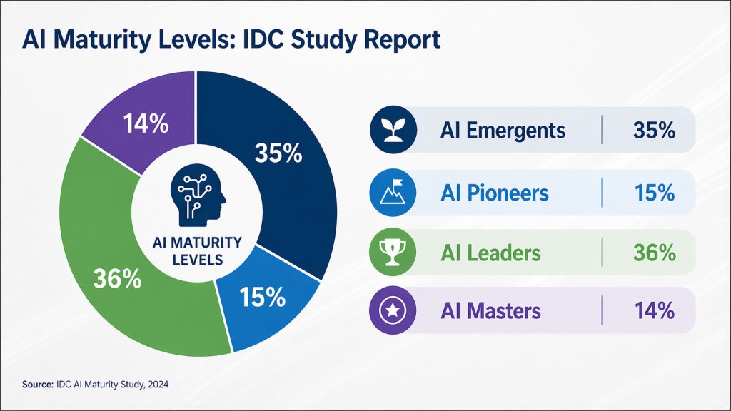 AI maturity model chart IDC study showing AI emergents pioneers leaders and masters distribution across enterprises
