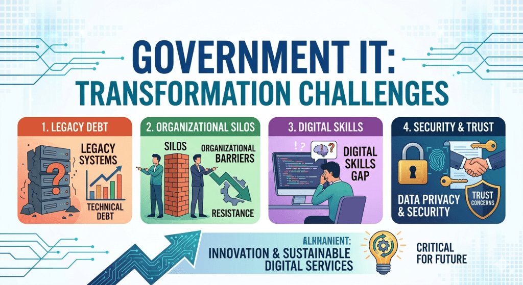 Digital transformation in government challenges including legacy systems, organizational silos, digital skills gap, and data security issues in public sector IT