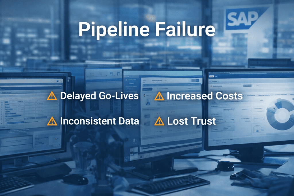 SAP pipeline failure dashboard showing delayed go-lives, increased costs, inconsistent data, and loss of trust across enterprise systems