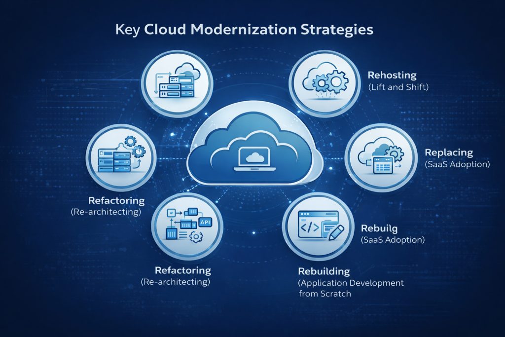 Cloud modernization strategies showing rehosting, replatforming, refactoring, rebuilding, and SaaS replacement approaches