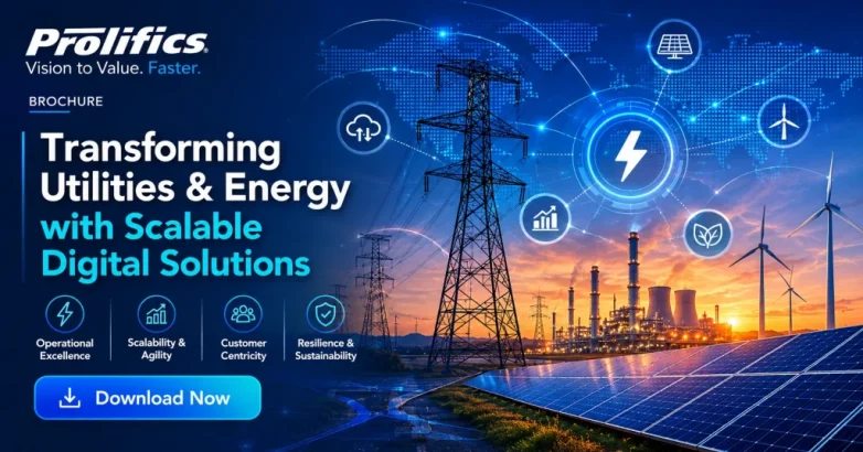 Prolifics utility digital transformation services — wind turbines on a digitally connected smart grid landscape representing AI-powered energy operations